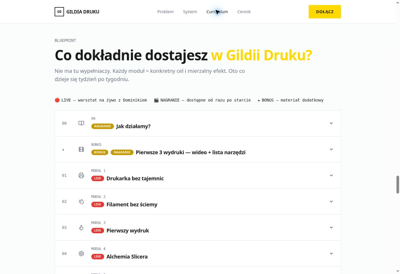 Strona programu Gildia Druku 3D — system przejścia od pierwszej drukarki do samodzielnego druku
