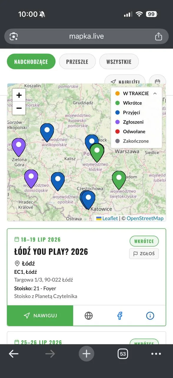 Zrzut ekranu publicznej MapKi — widok mobilny mapy wydarzeń